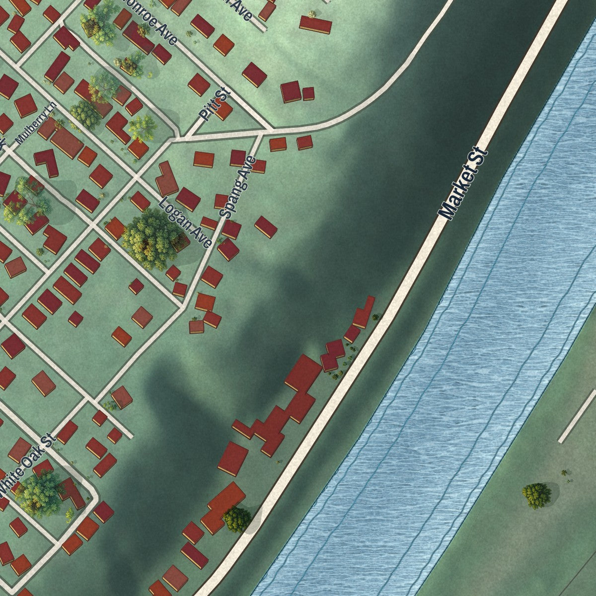 Second close-up of the map of Leechburg, Pennsylvania print showing more streets and buildings