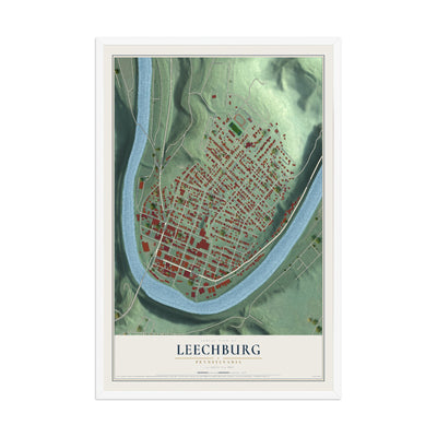 Map of Leechburg, Pennsylvania, 12 x 18 inch print in a white wood frame