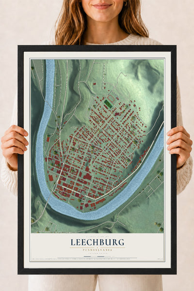 Map of Leechburg, Pennsylvania, 18 x 24 inch print in a black wood frame