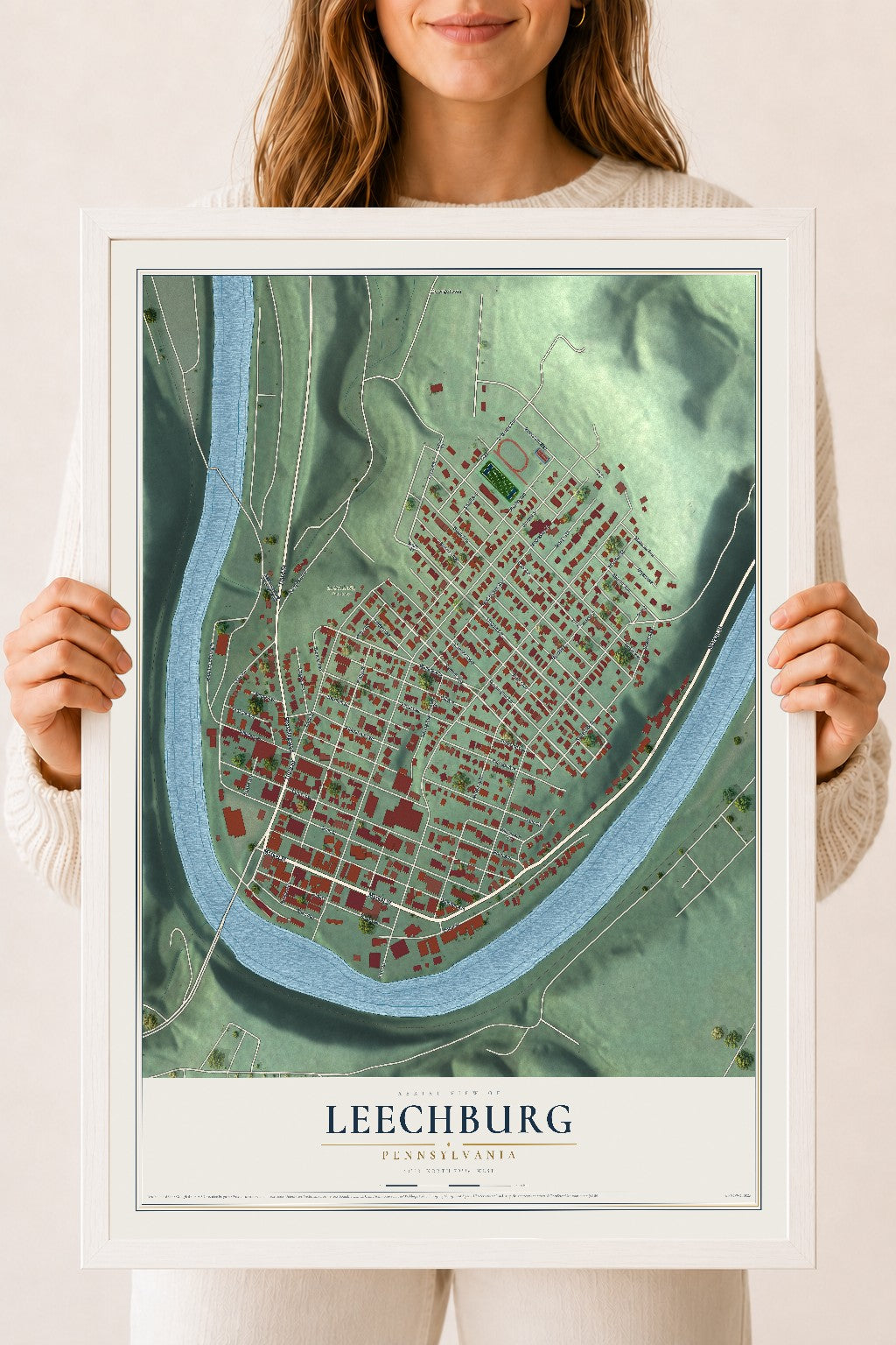 Map of Leechburg, Pennsylvania, 18 x 24 inch print in a white wood frame