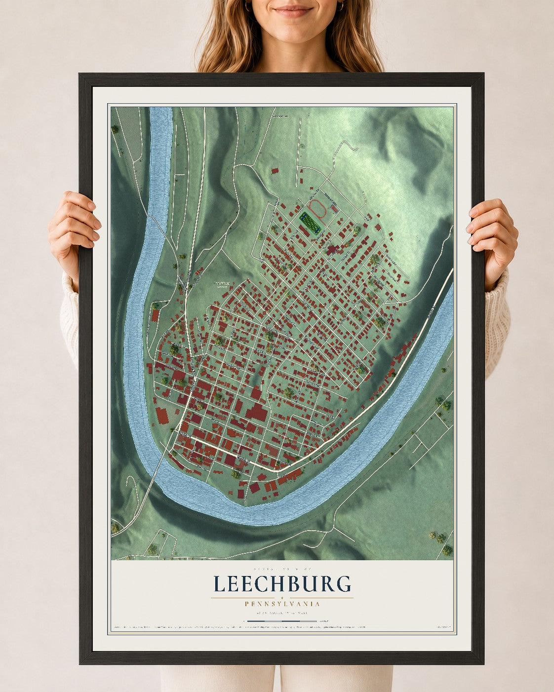 Map of Leechburg, Pennsylvania, 24 x 36 inch print in a black wood frame