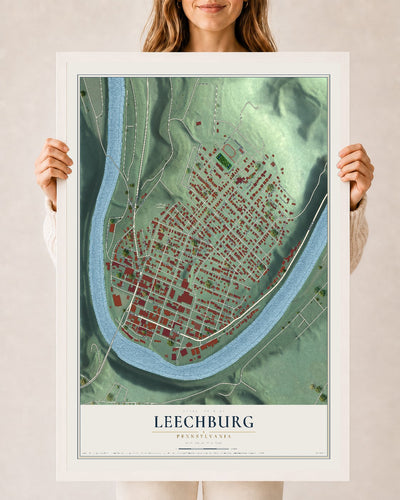 Map of Leechburg, Pennsylvania, 24 x 36 inch print in a white wood frame