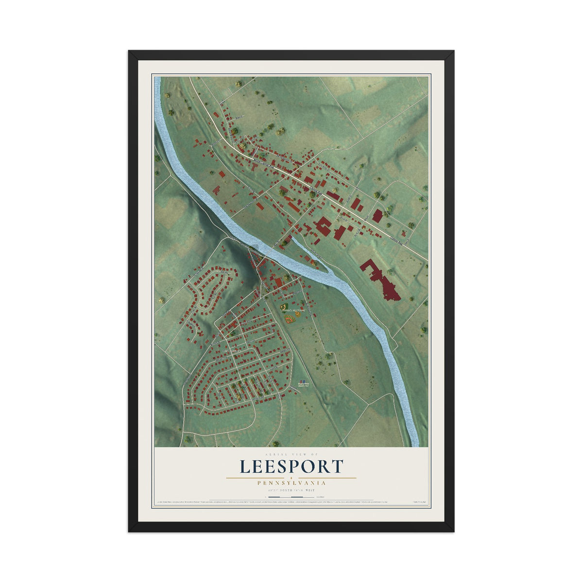 Map of Leesport, Pennsylvania, 12 x 18 inch print in a black wood frame