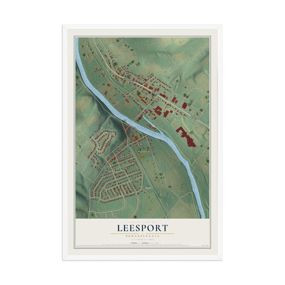 Map of Leesport, Pennsylvania, 12 x 18 inch print in a white wood frame