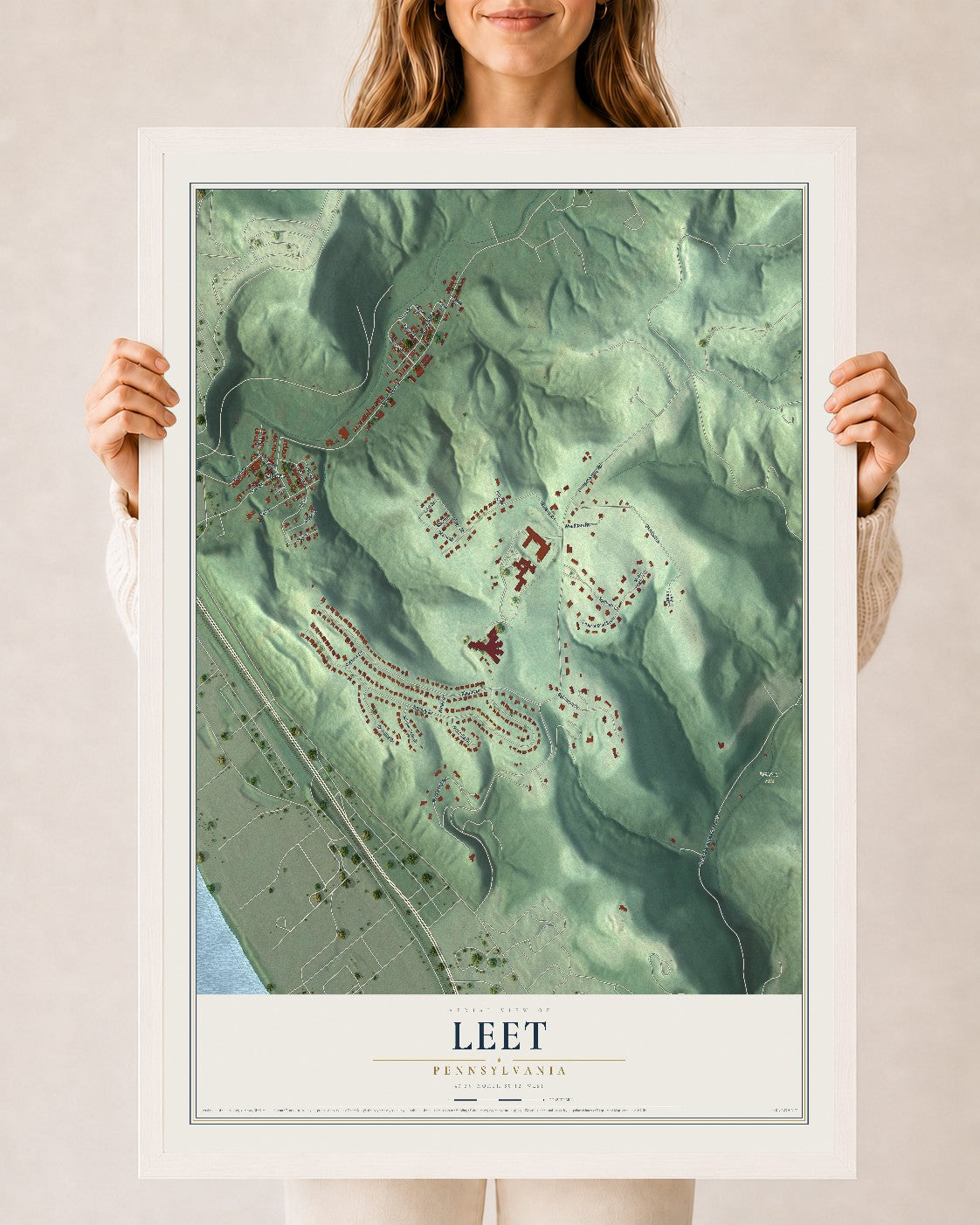 Map of Leet, Pennsylvania, 24 x 36 inch print in a white wood frame