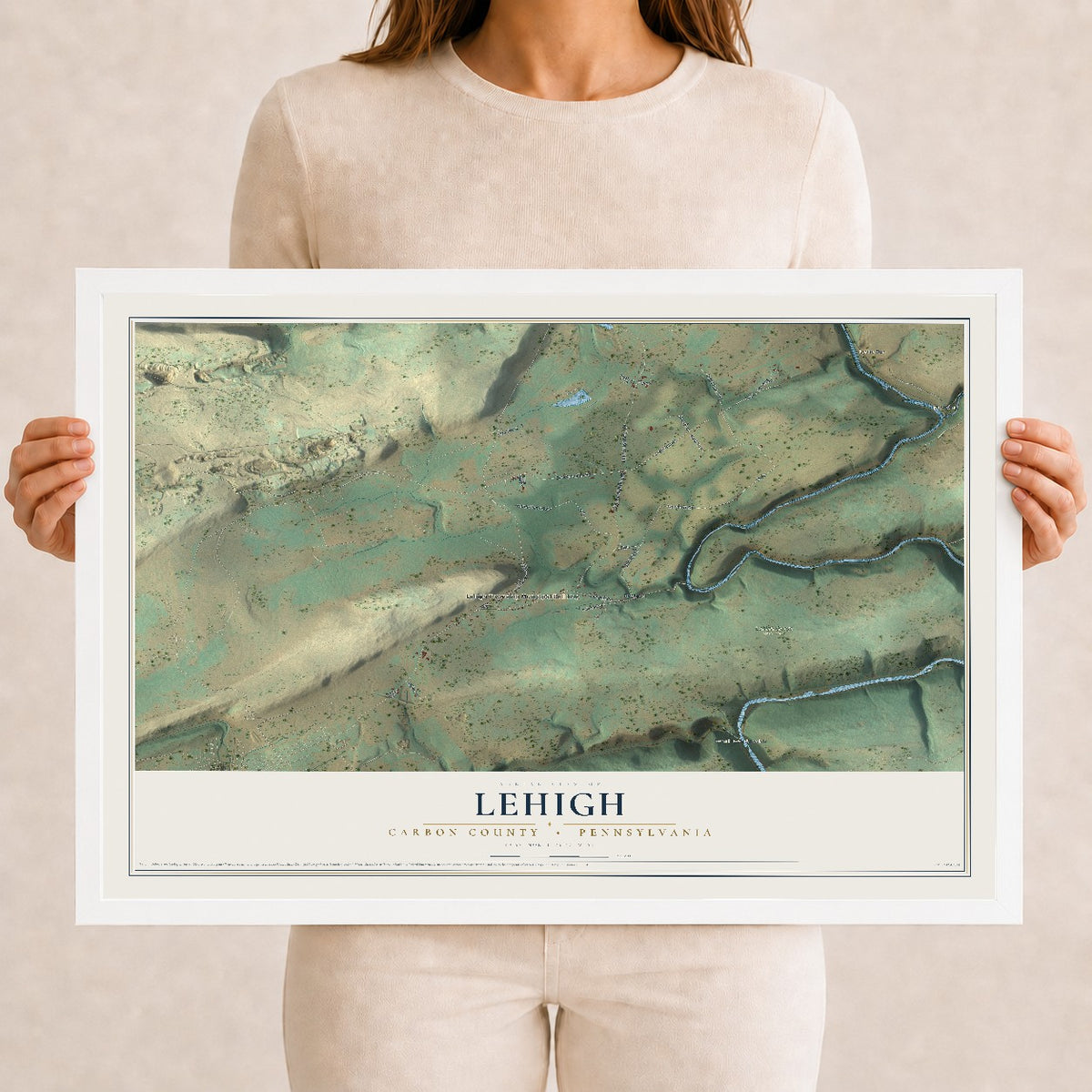 Map of Lehigh, Carbon County, Pennsylvania, 12 x 18 inch print in a white wood frame