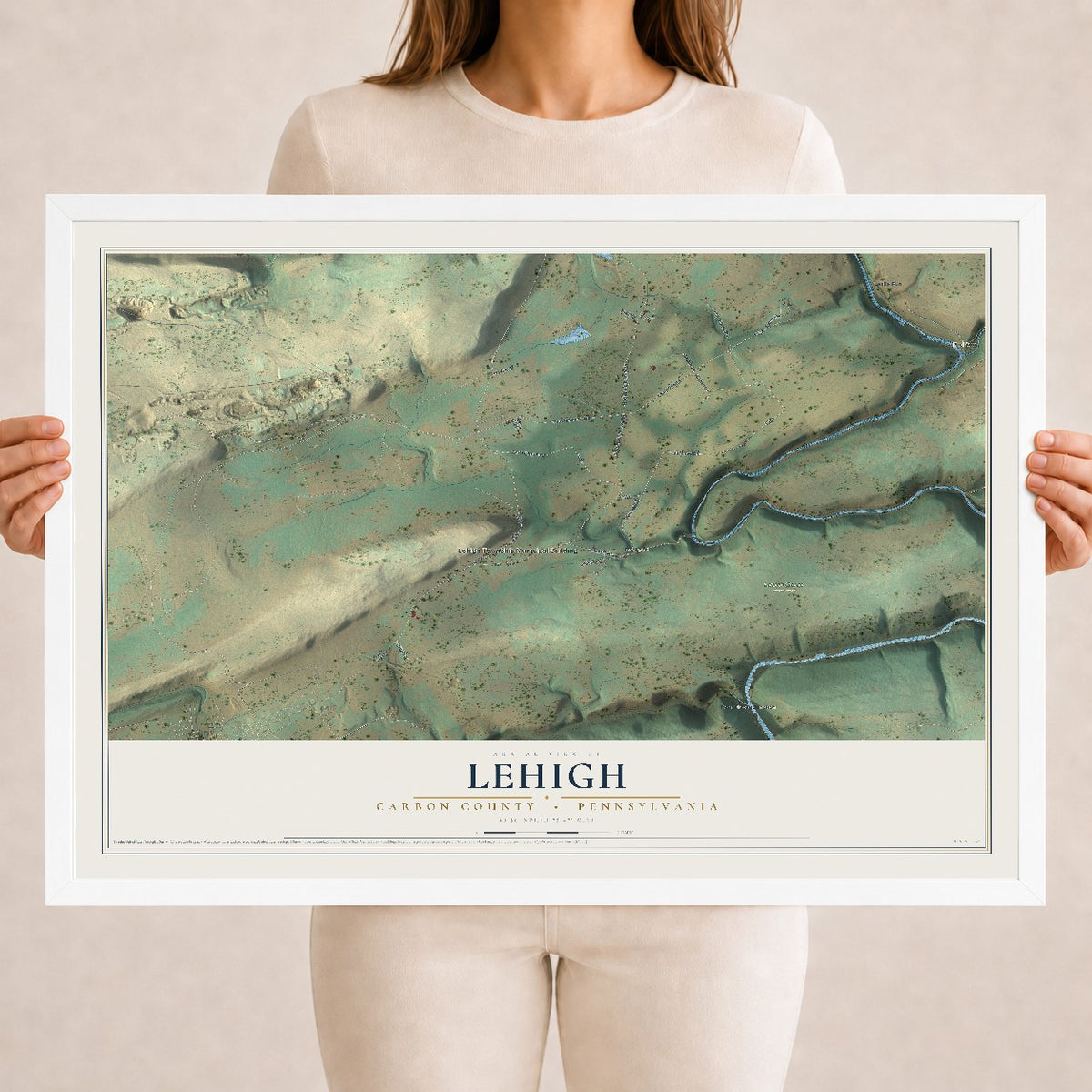 Map of Lehigh, Carbon County, Pennsylvania, 18 x 24 inch print in a white wood frame