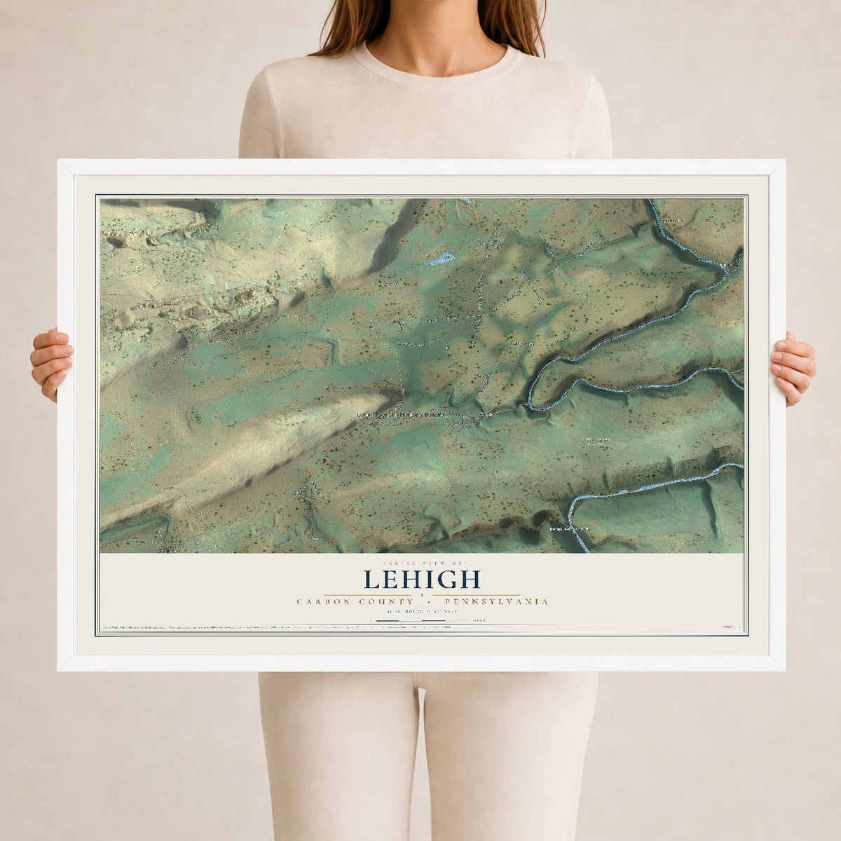 Map of Lehigh, Carbon County, Pennsylvania, 24 x 36 inch print in a white wood frame