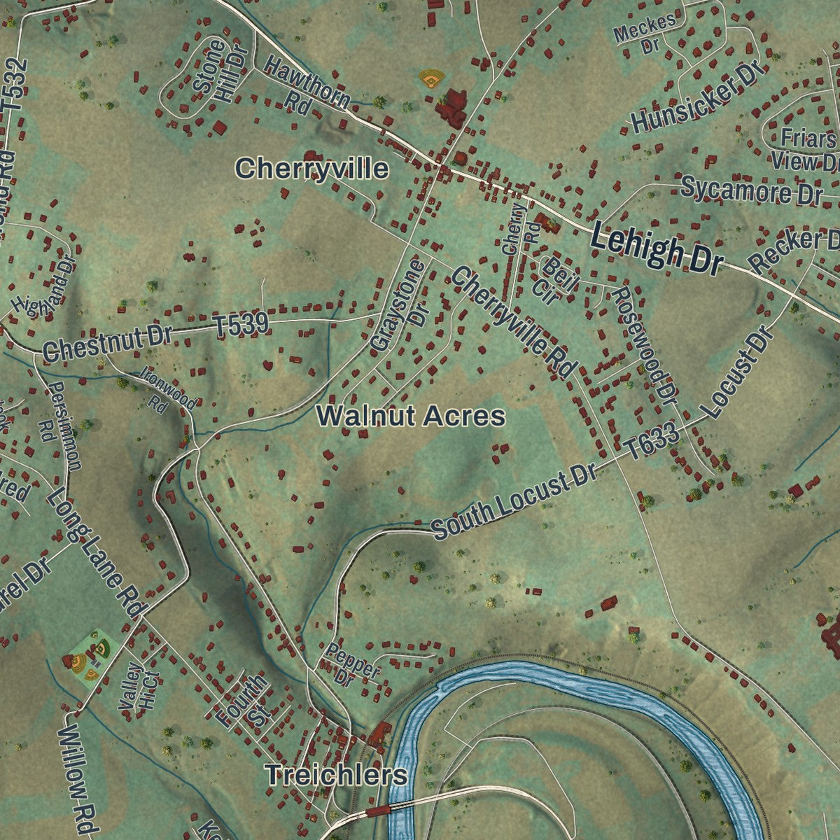Close-up of the map of Lehigh, Northampton County, Pennsylvania print showing street and building detail