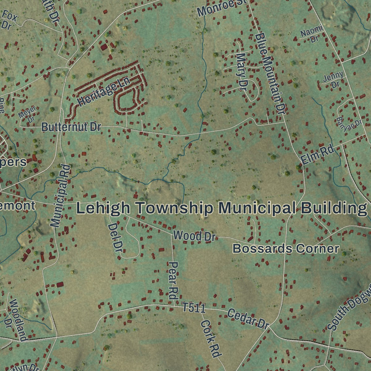 Second close-up of the map of Lehigh, Northampton County, Pennsylvania print showing more streets and buildings