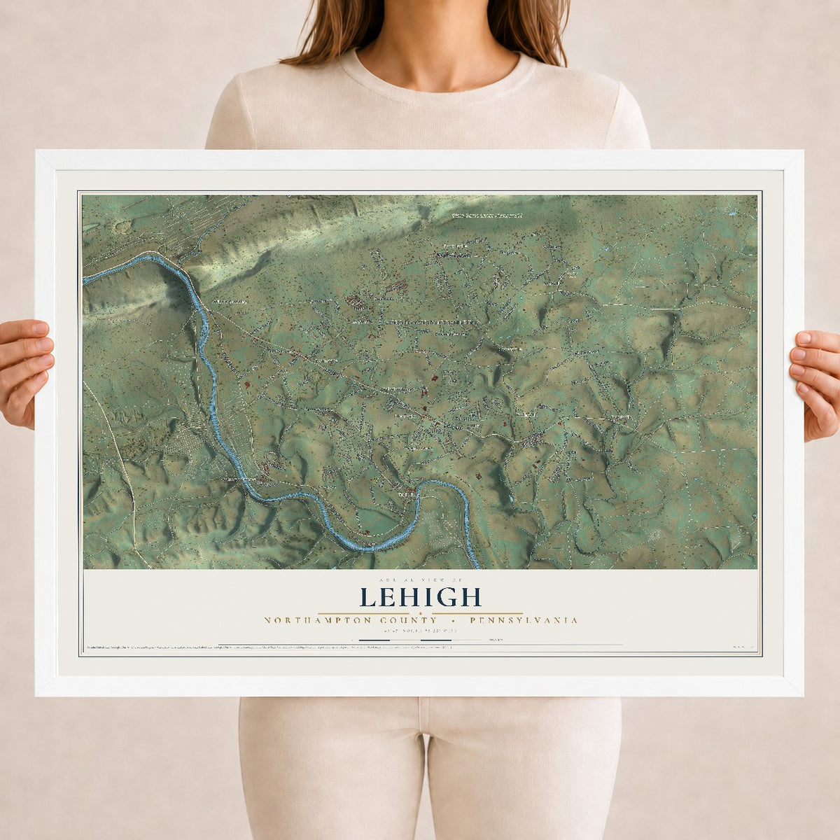 Map of Lehigh, Northampton County, Pennsylvania, 18 x 24 inch print in a white wood frame