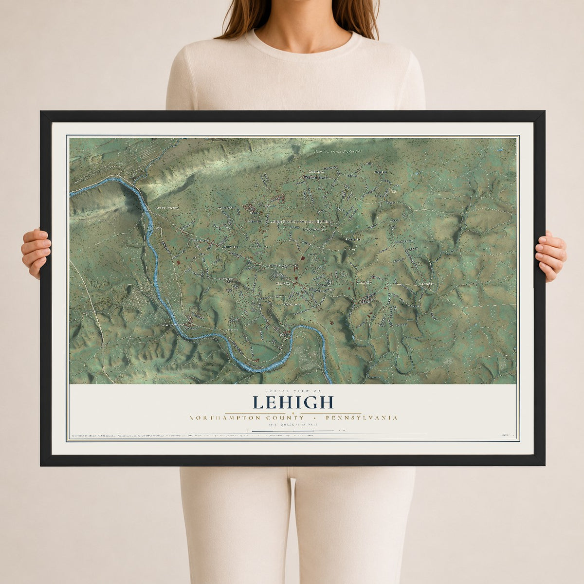 Map of Lehigh, Northampton County, Pennsylvania, 24 x 36 inch print in a black wood frame