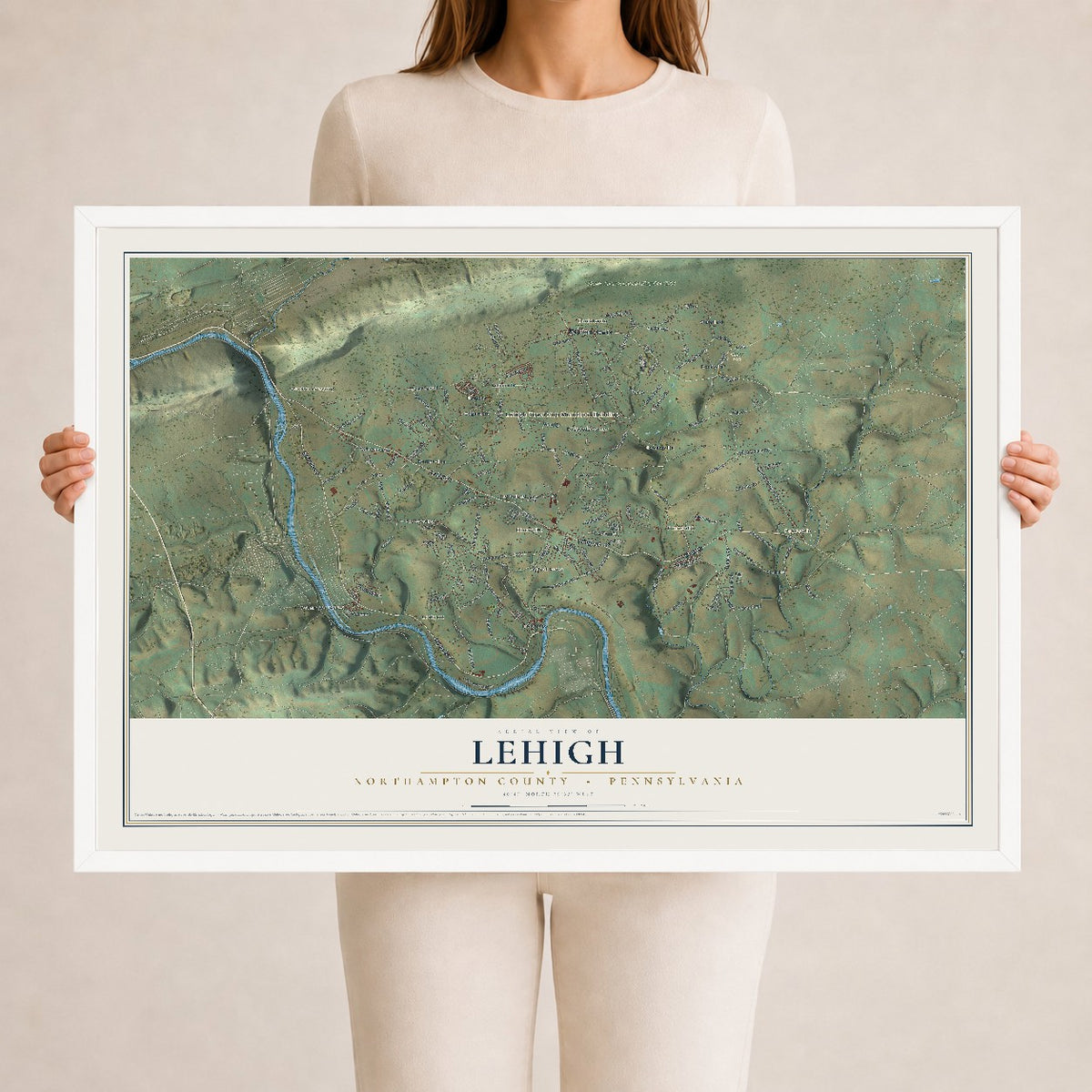 Map of Lehigh, Northampton County, Pennsylvania, 24 x 36 inch print in a white wood frame