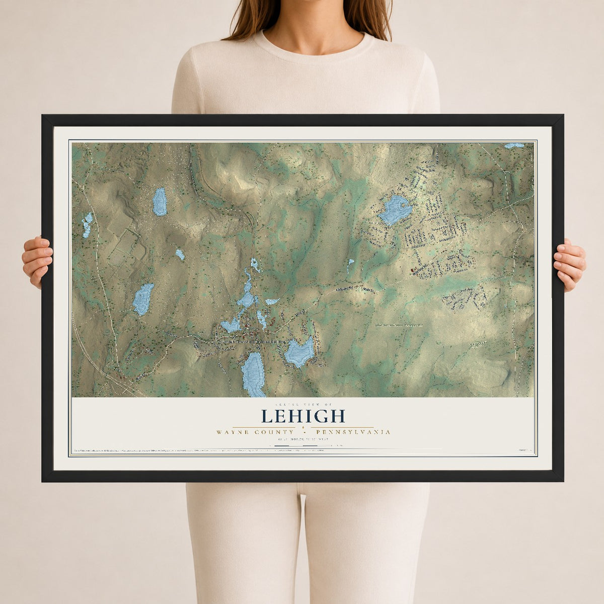 Map of Lehigh, Wayne County, Pennsylvania, 24 x 36 inch print in a black wood frame