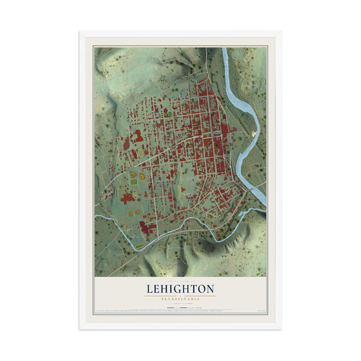 Map of Lehighton, Pennsylvania, 12 x 18 inch print in a white wood frame