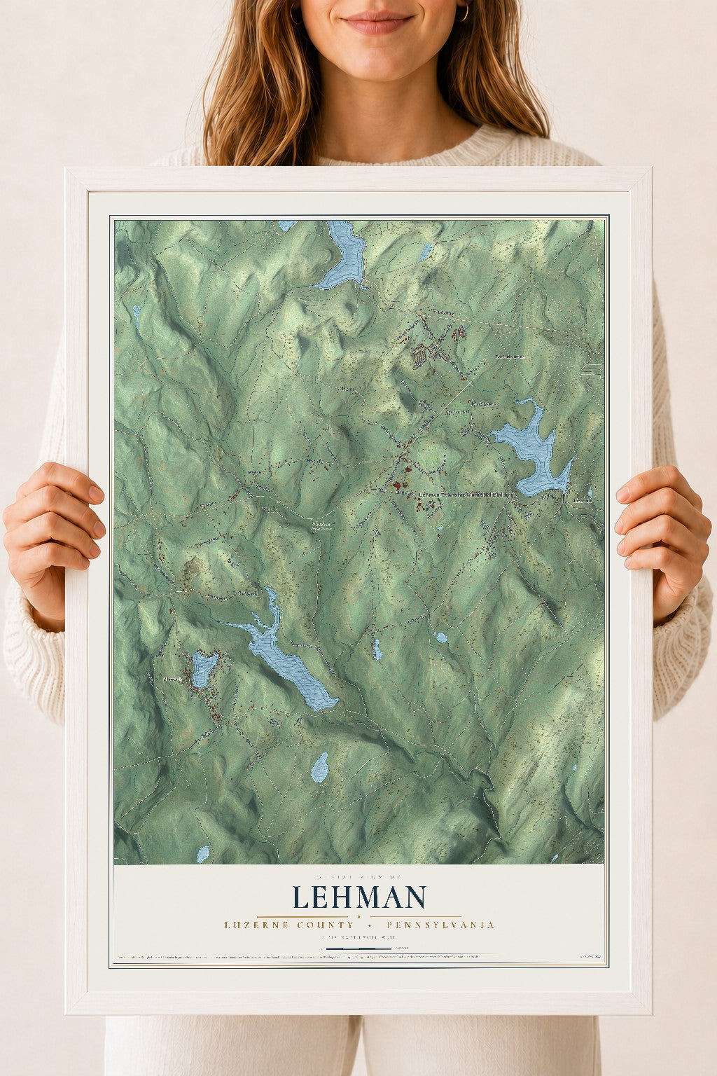 Map of Lehman, Luzerne County, Pennsylvania, 18 x 24 inch print in a white wood frame