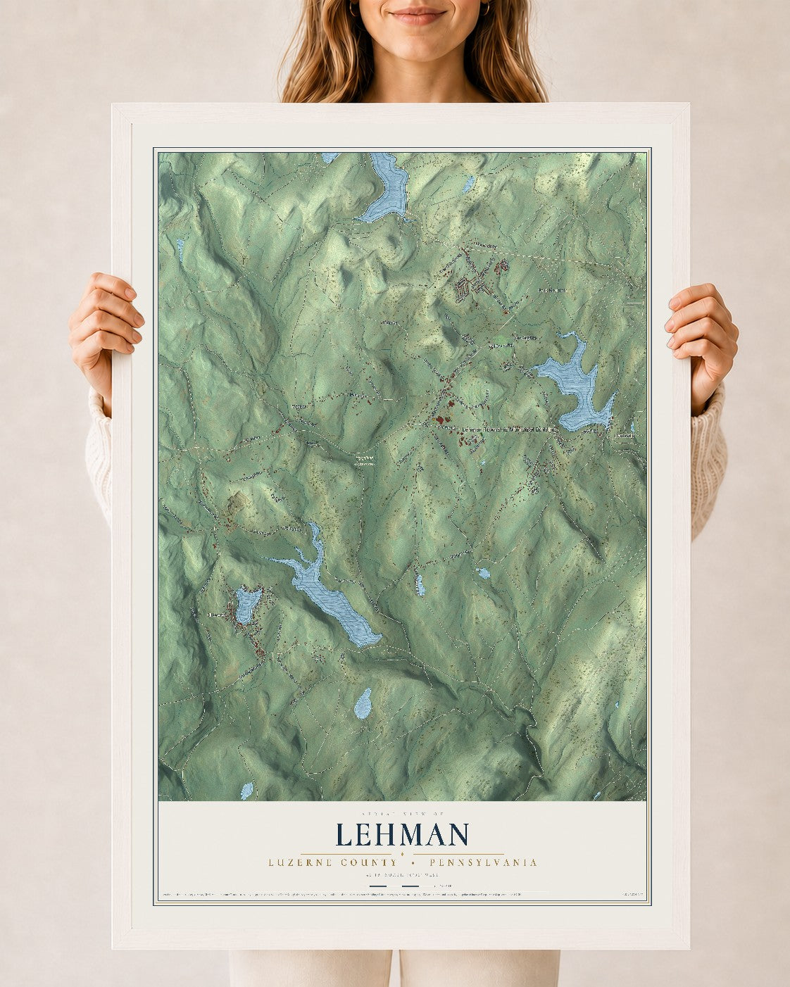 Map of Lehman, Luzerne County, Pennsylvania, 24 x 36 inch print in a white wood frame