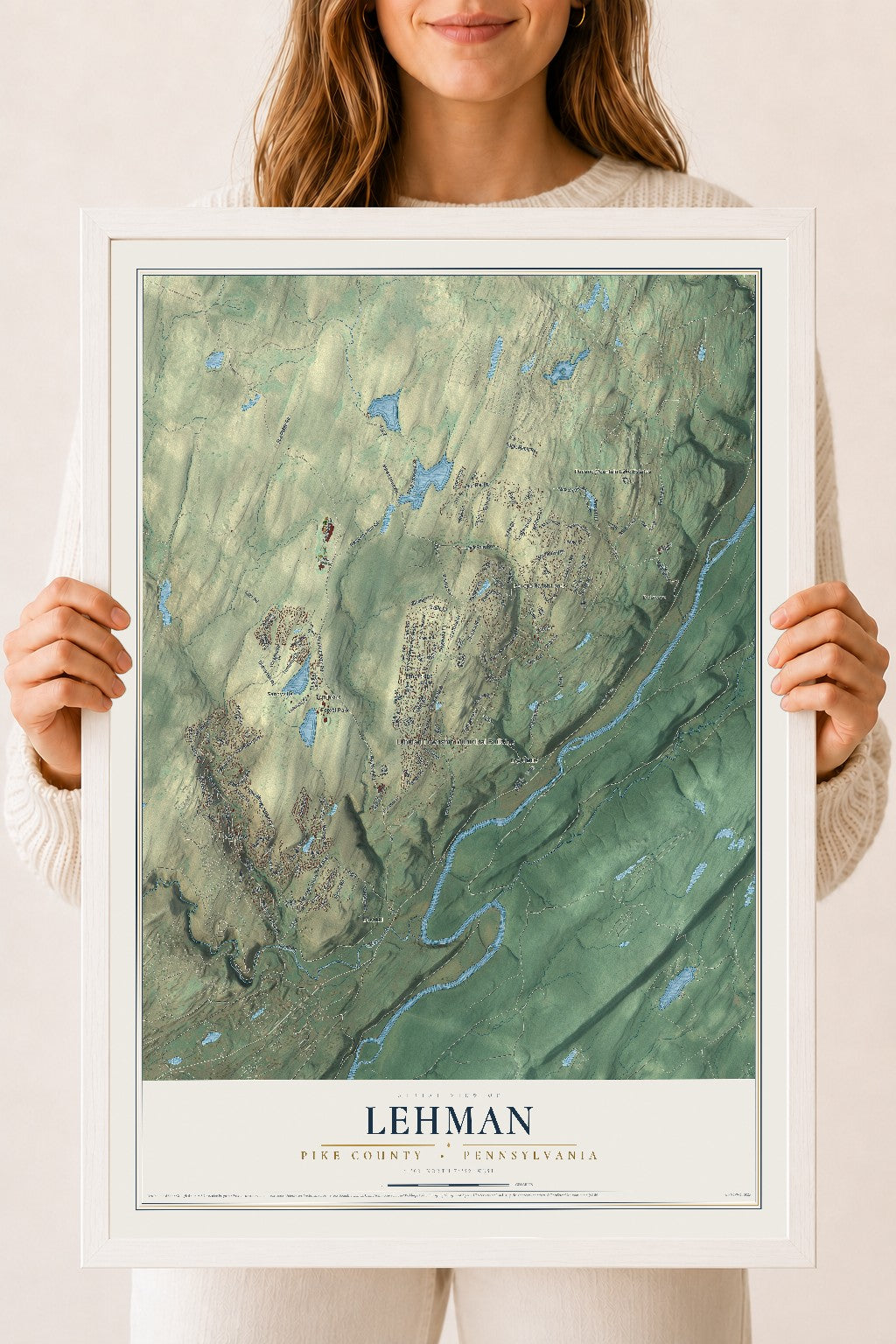 Map of Lehman, Pike County, Pennsylvania, 18 x 24 inch print in a white wood frame