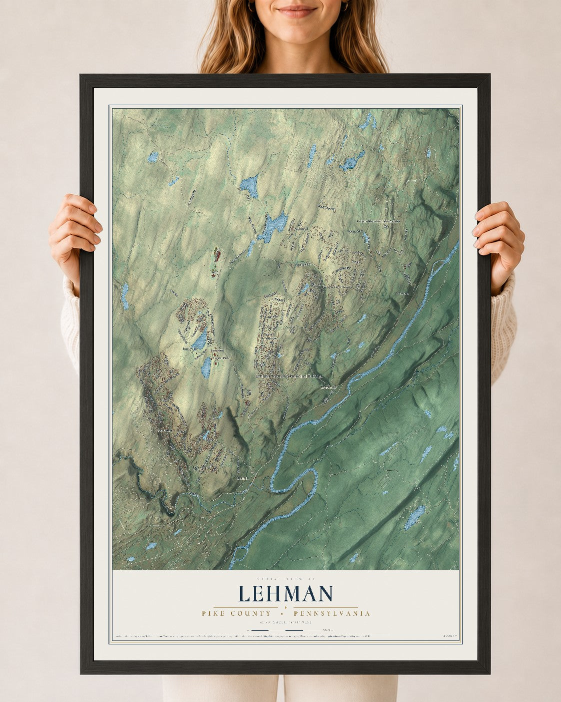 Map of Lehman, Pike County, Pennsylvania, 24 x 36 inch print in a black wood frame