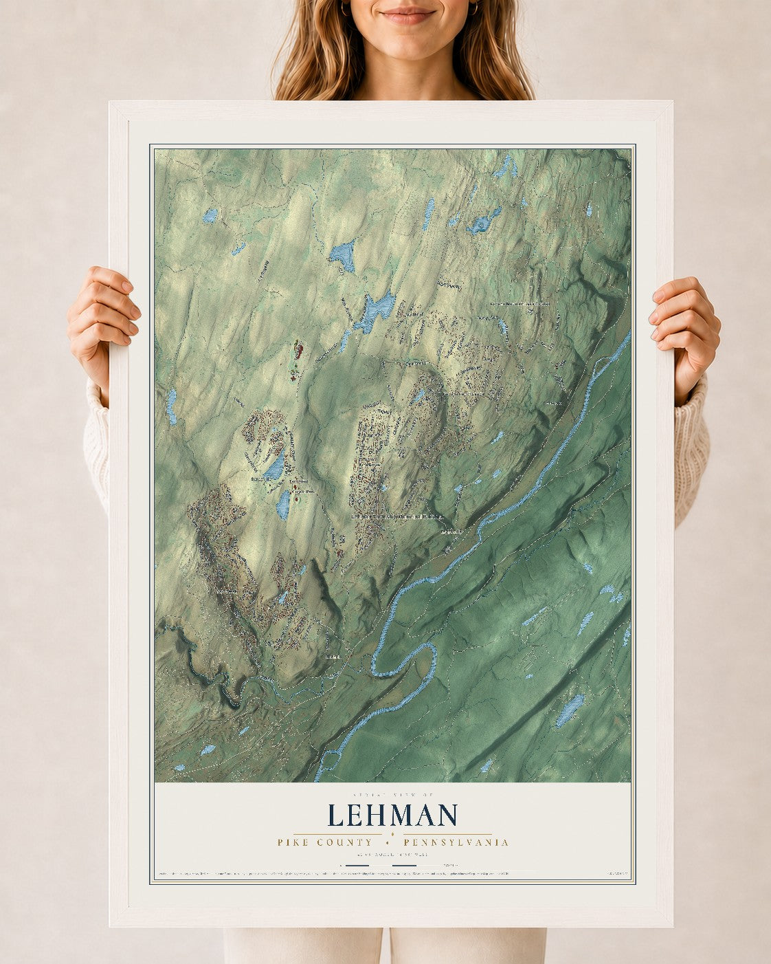 Map of Lehman, Pike County, Pennsylvania, 24 x 36 inch print in a white wood frame