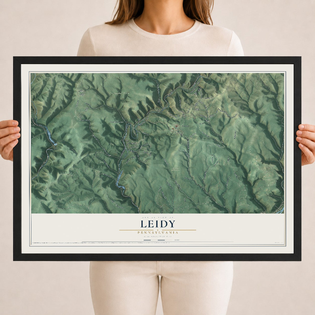 Map of Leidy, Pennsylvania, 18 x 24 inch print in a black wood frame