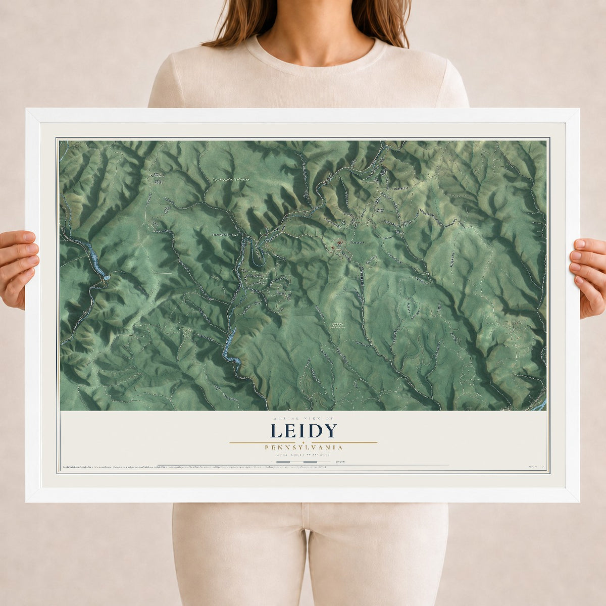Map of Leidy, Pennsylvania, 18 x 24 inch print in a white wood frame
