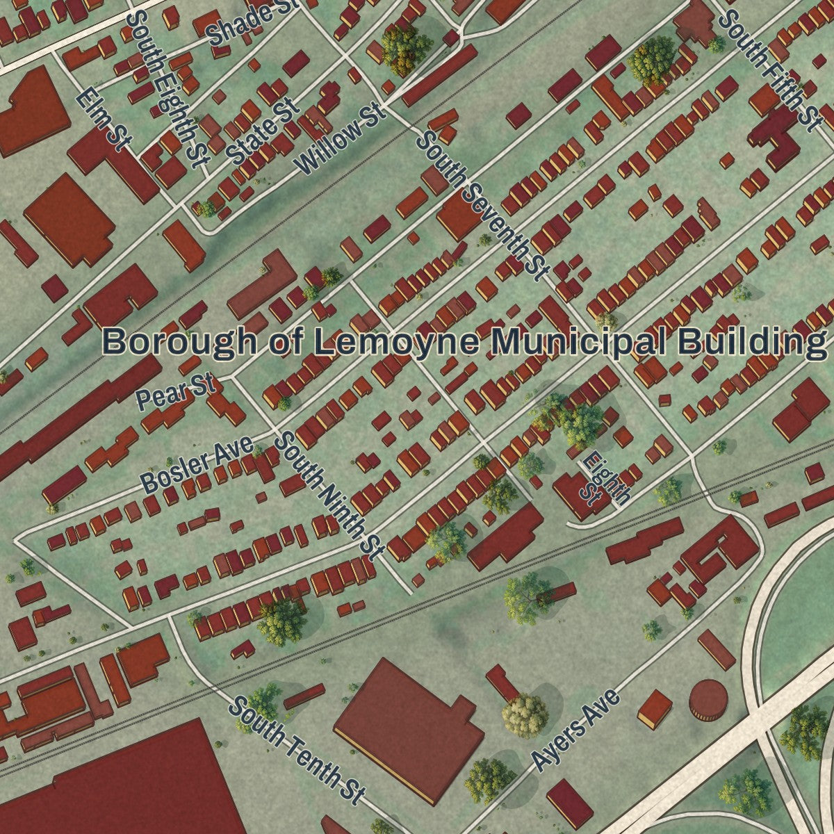 Close-up of the map of Lemoyne, Pennsylvania print showing street and building detail