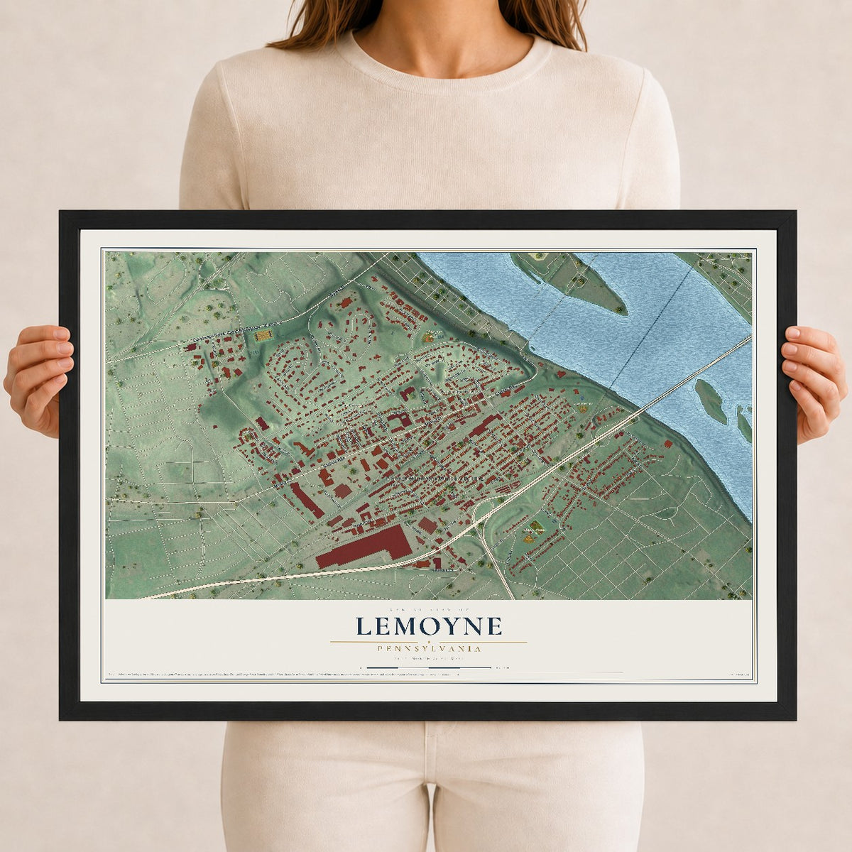 Map of Lemoyne, Pennsylvania, 12 x 18 inch print in a black wood frame