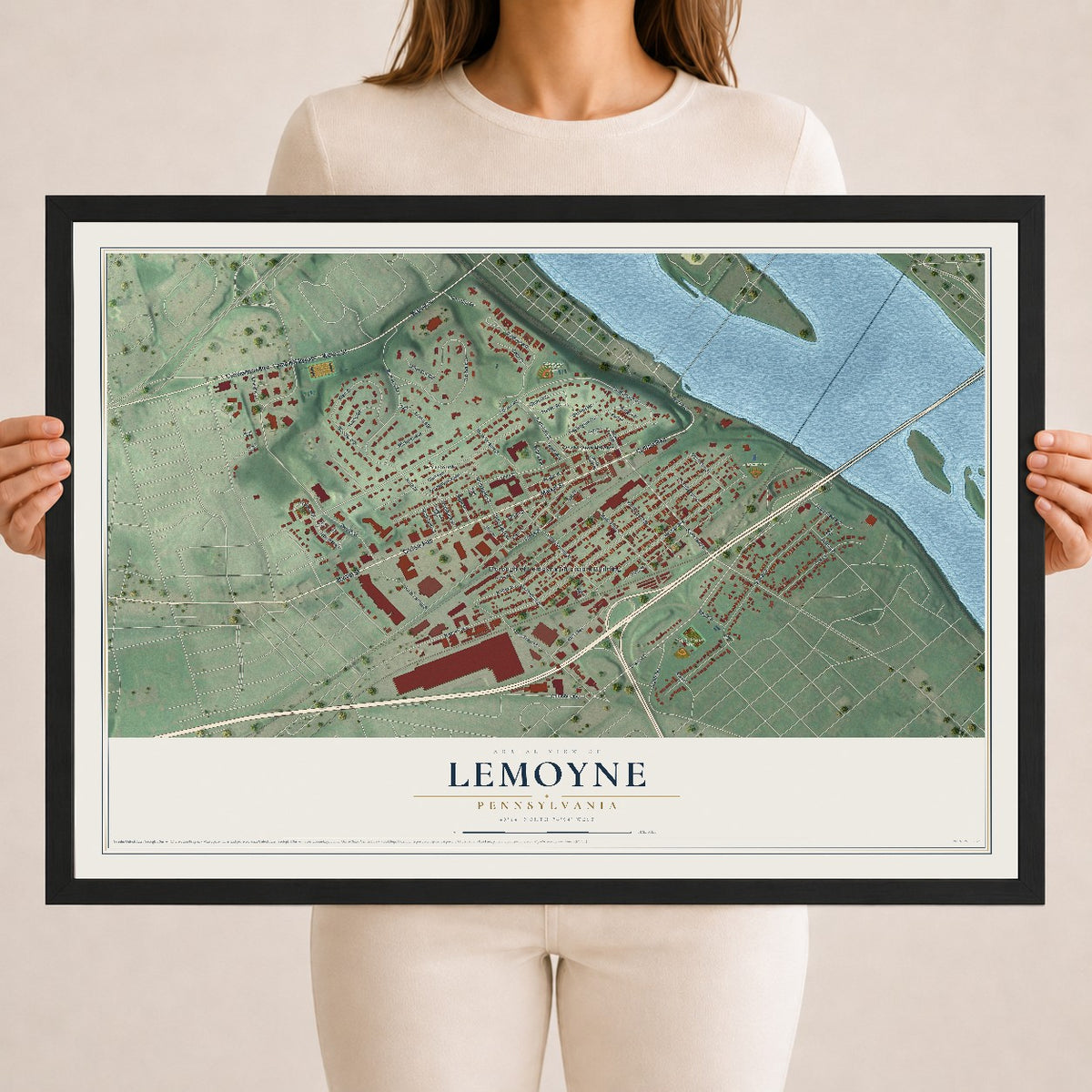 Map of Lemoyne, Pennsylvania, 18 x 24 inch print in a black wood frame