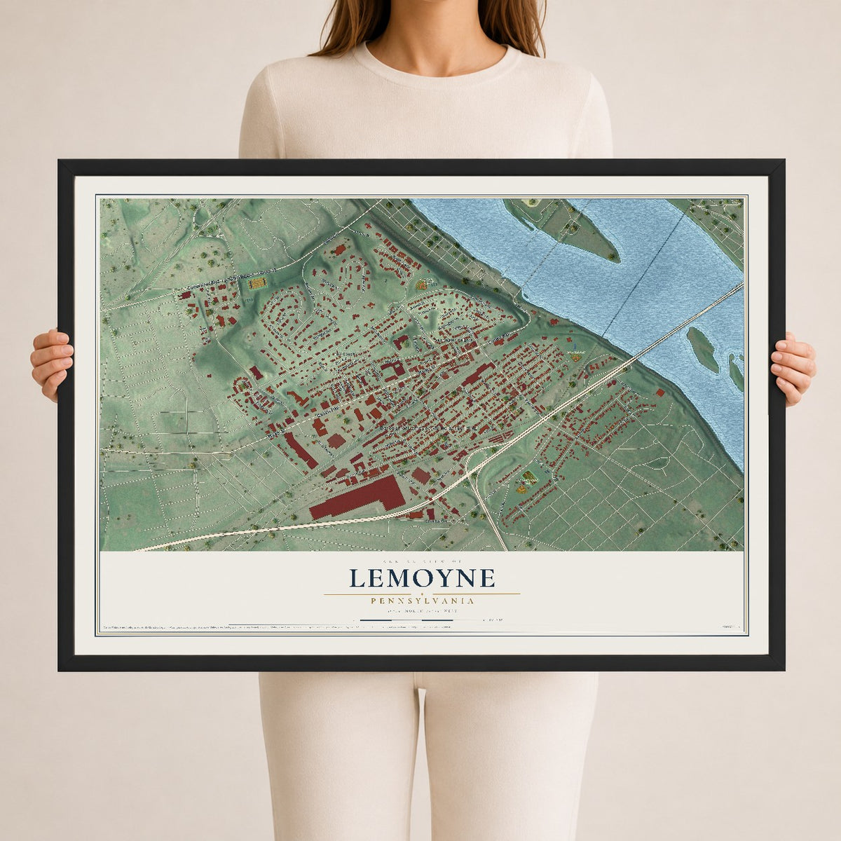Map of Lemoyne, Pennsylvania, 24 x 36 inch print in a black wood frame