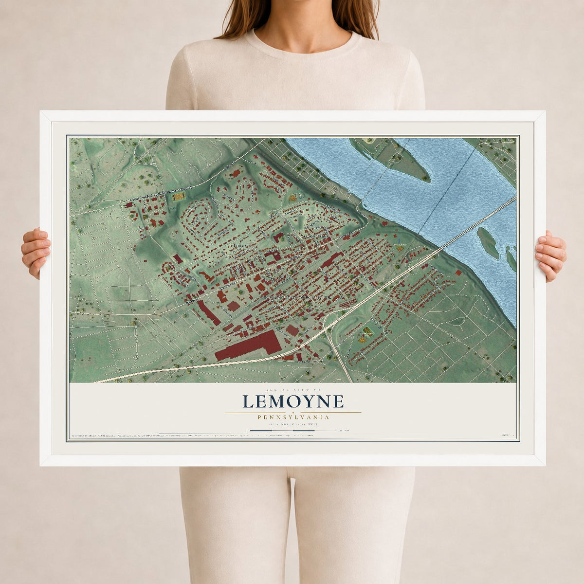 Map of Lemoyne, Pennsylvania, 24 x 36 inch print in a white wood frame