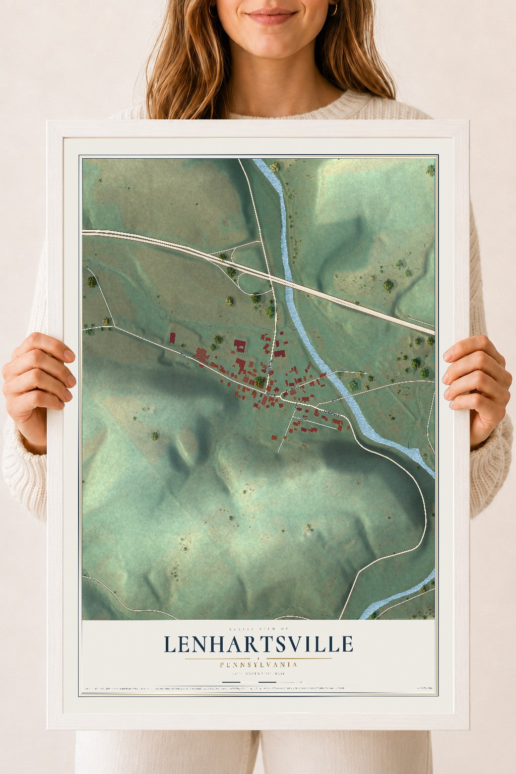 Map of Lenhartsville, Pennsylvania, 18 x 24 inch print in a white wood frame