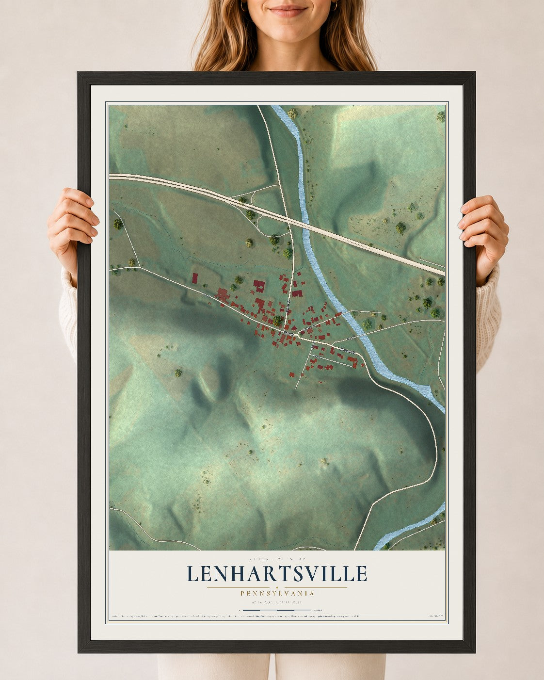 Map of Lenhartsville, Pennsylvania, 24 x 36 inch print in a black wood frame
