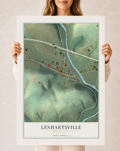 Map of Lenhartsville, Pennsylvania, 24 x 36 inch print in a white wood frame