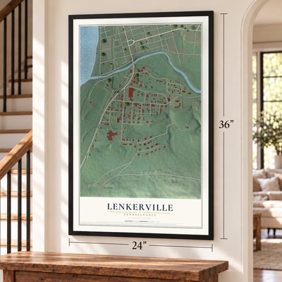 Lenkerville, Pennsylvania map, 24 x 36 inch print in a black frame by a staircase