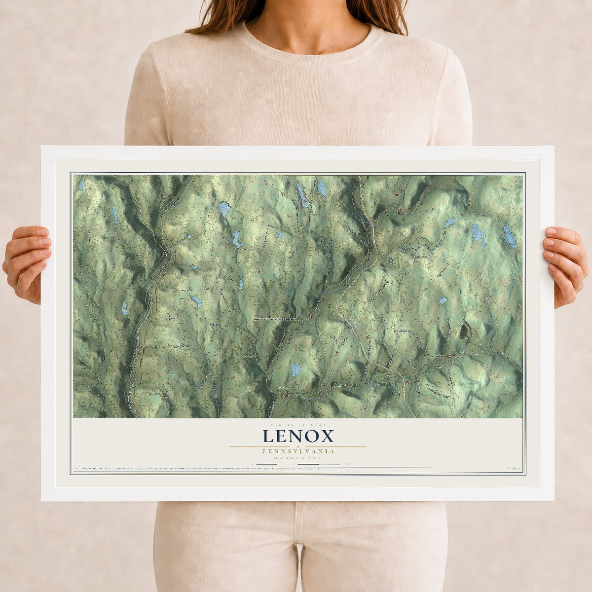 Map of Lenox, Pennsylvania, 12 x 18 inch print in a white wood frame