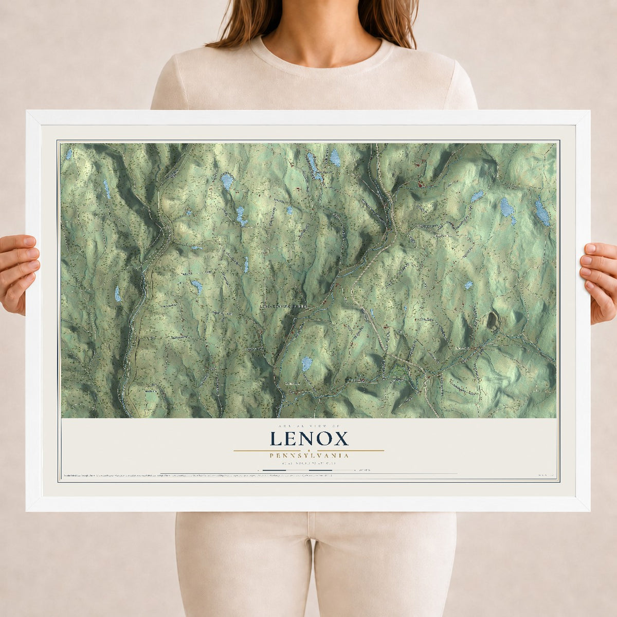 Map of Lenox, Pennsylvania, 18 x 24 inch print in a white wood frame