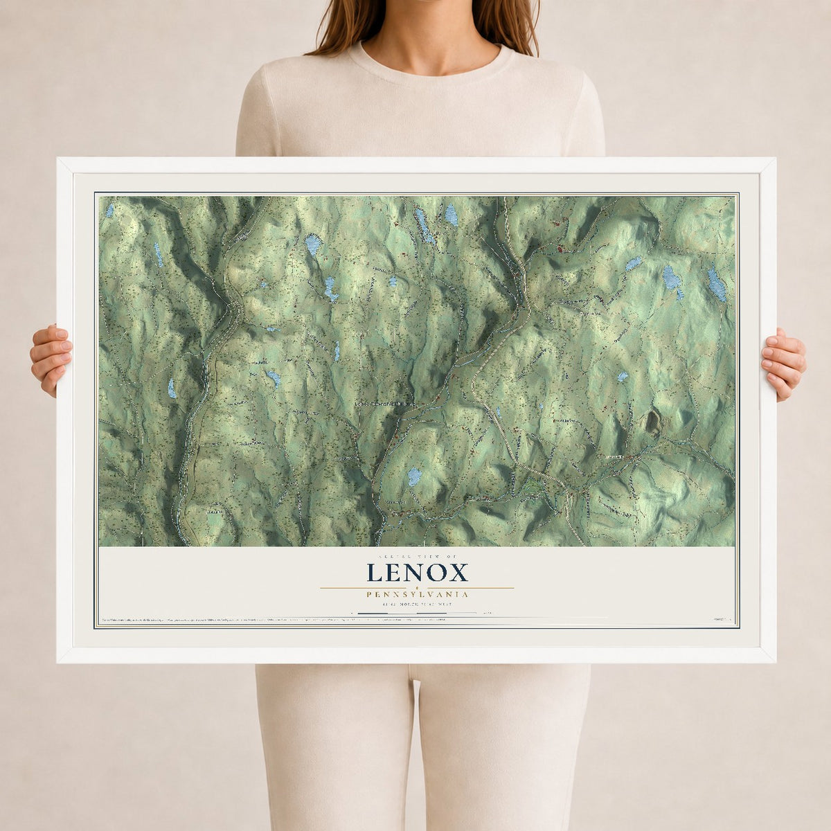 Map of Lenox, Pennsylvania, 24 x 36 inch print in a white wood frame