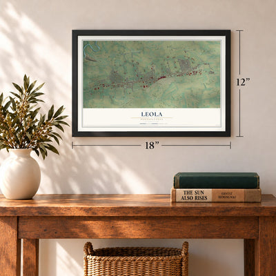 Leola, Pennsylvania map, 12 x 18 inch print in a black frame in an entryway