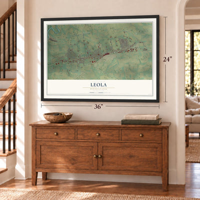 Leola, Pennsylvania map, 24 x 36 inch print in a black frame above a dresser by a staircase
