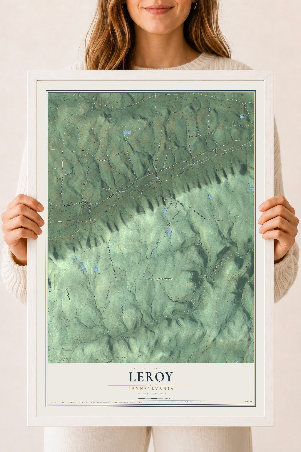 Map of Leroy, Pennsylvania, 18 x 24 inch print in a white wood frame