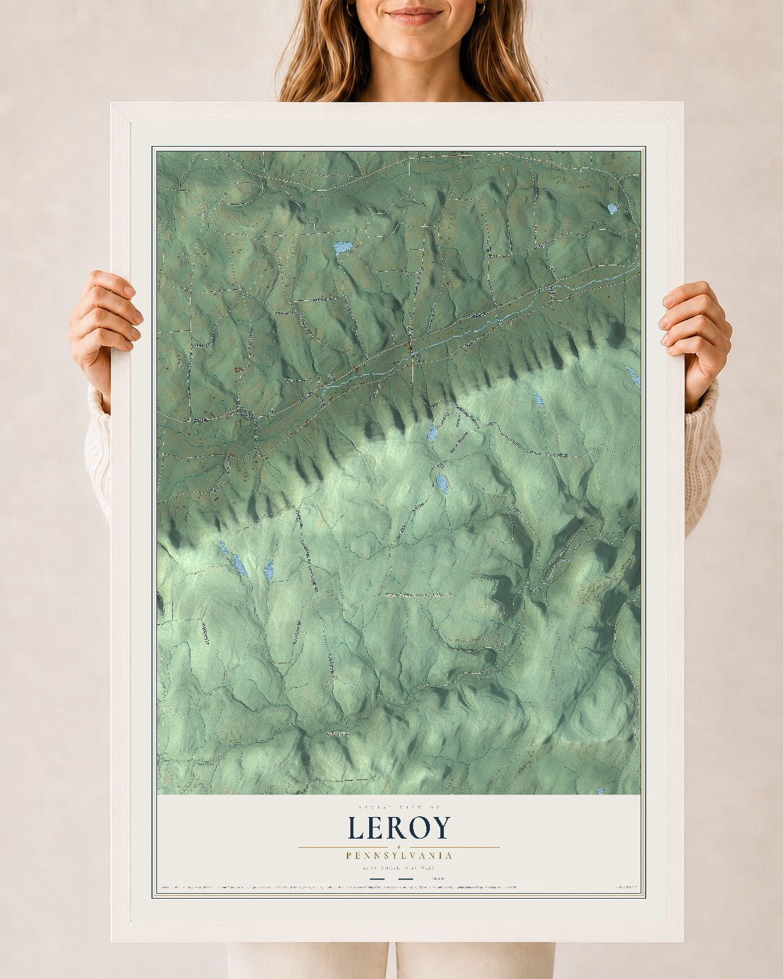 Map of Leroy, Pennsylvania, 24 x 36 inch print in a white wood frame