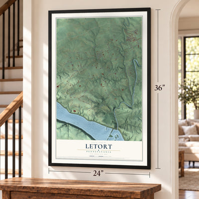 Letort, Pennsylvania map, 24 x 36 inch print in a black frame by a staircase