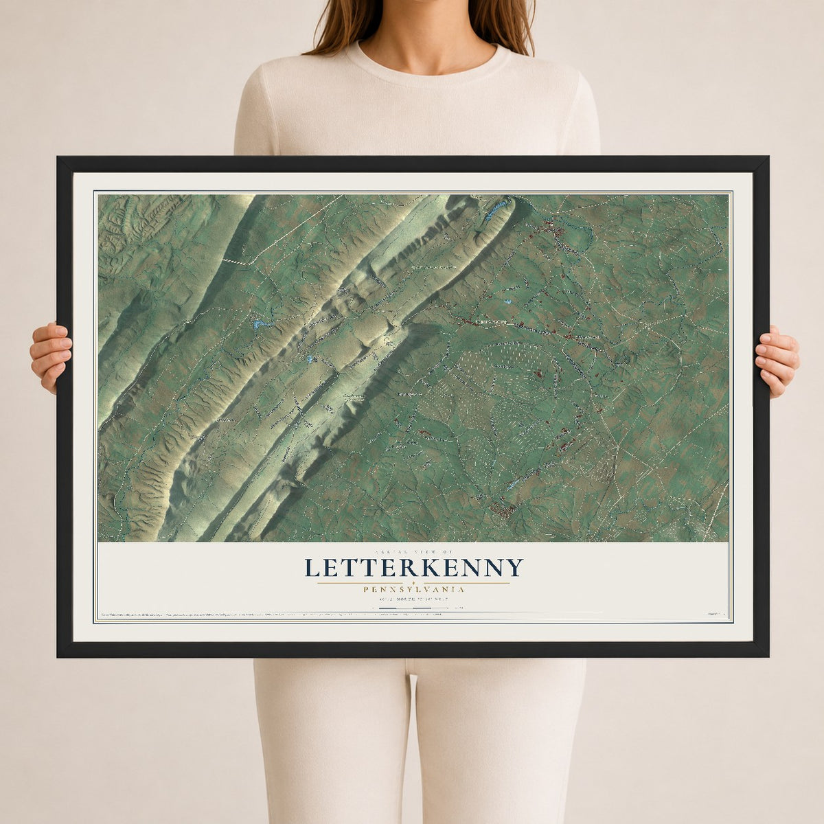 Map of Letterkenny, Pennsylvania, 24 x 36 inch print in a black wood frame