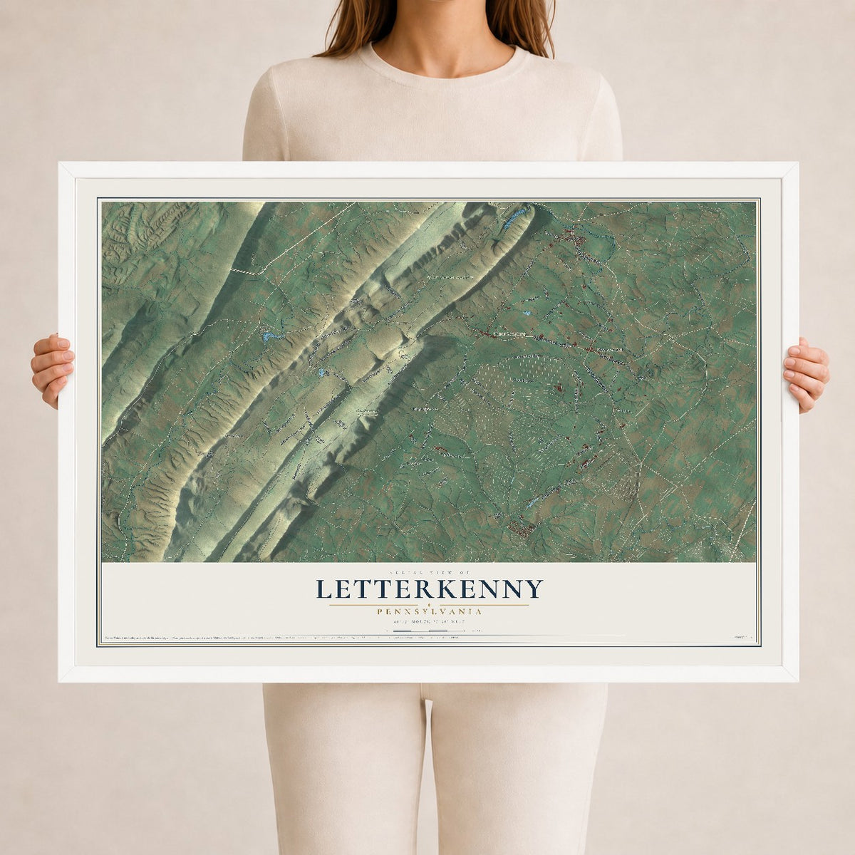Map of Letterkenny, Pennsylvania, 24 x 36 inch print in a white wood frame