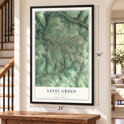 Level Green, Pennsylvania map, 24 x 36 inch print in a black frame by a staircase