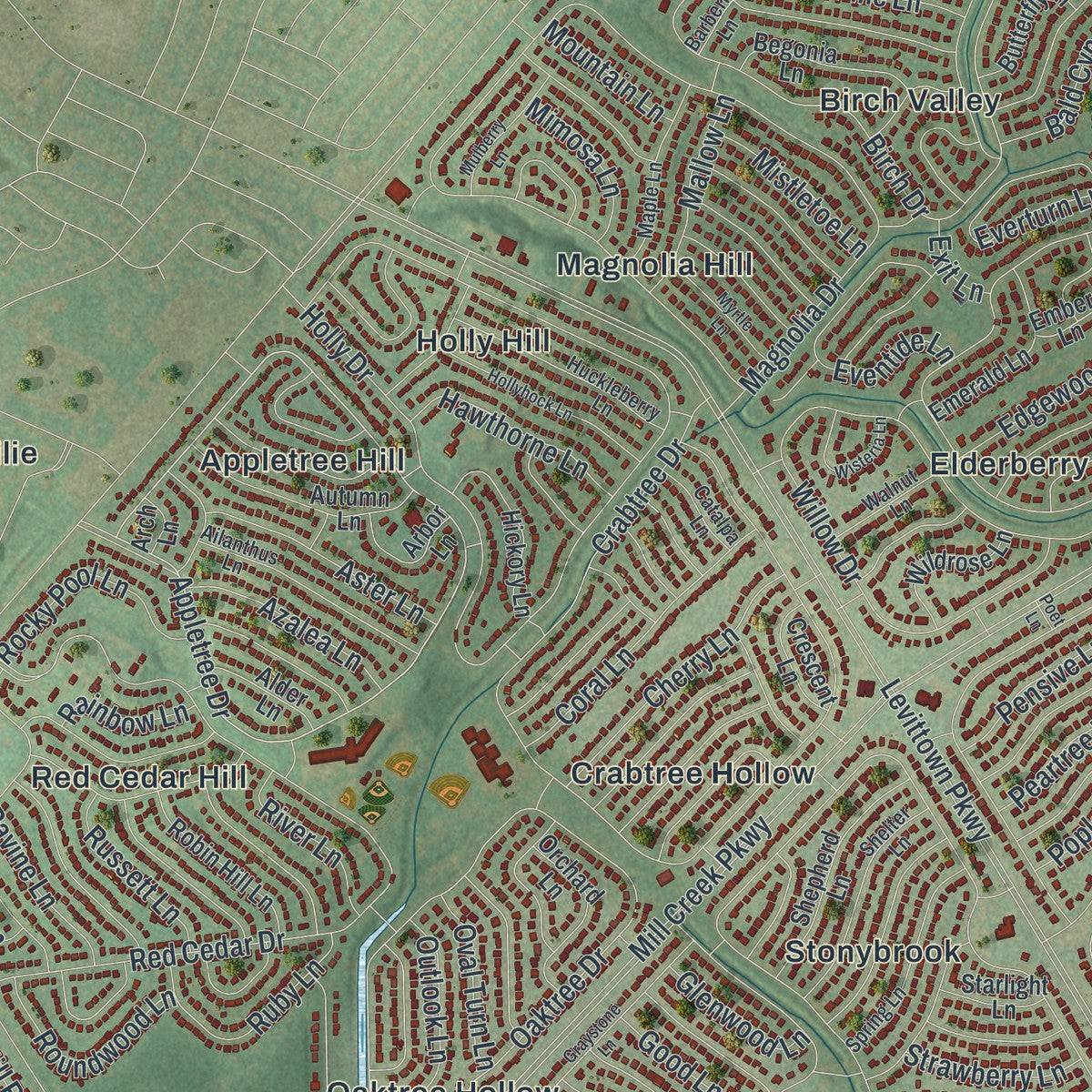 Close-up of the map of Levittown, Pennsylvania print showing street and building detail