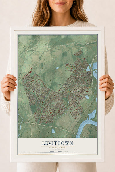 Map of Levittown, Pennsylvania, 18 x 24 inch print in a white wood frame