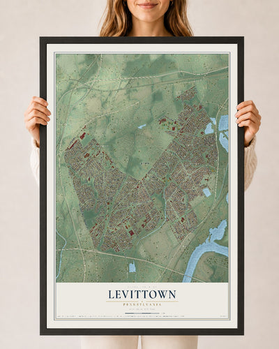 Map of Levittown, Pennsylvania, 24 x 36 inch print in a black wood frame