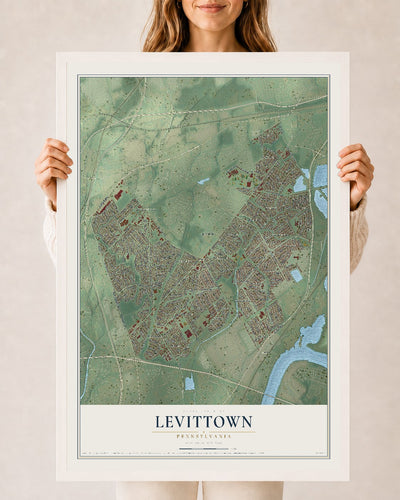 Map of Levittown, Pennsylvania, 24 x 36 inch print in a white wood frame